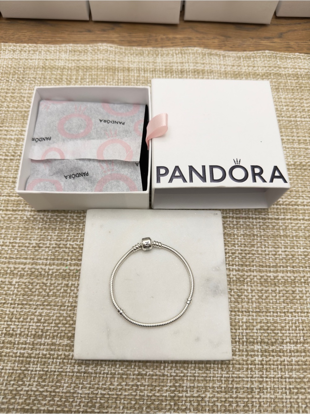 Pandora Silver Snake Chain Bracelet with Pink-Accented Box